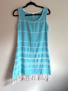Sleeveless Turquoise-White Striped Mini Dress with Fringe